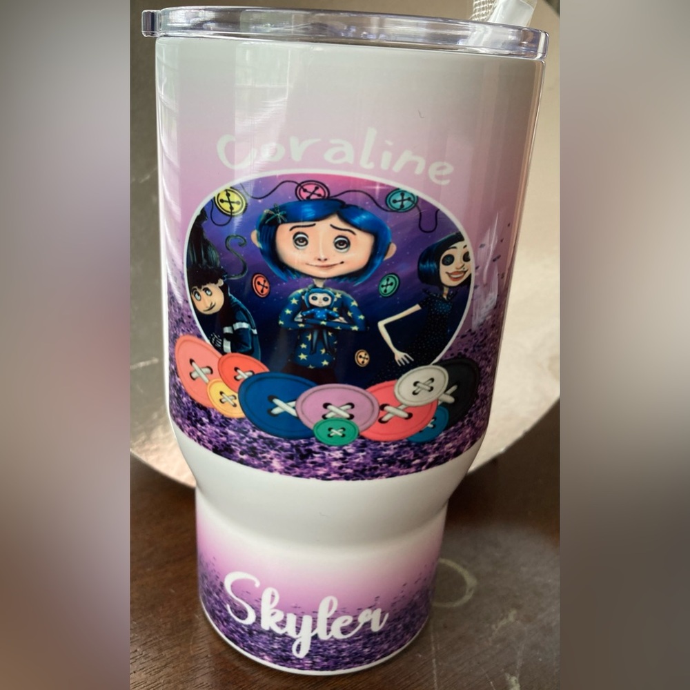 NWT Custom Tumbler Caroline Image With Skyler Printed On Bottom W/Handle Straw